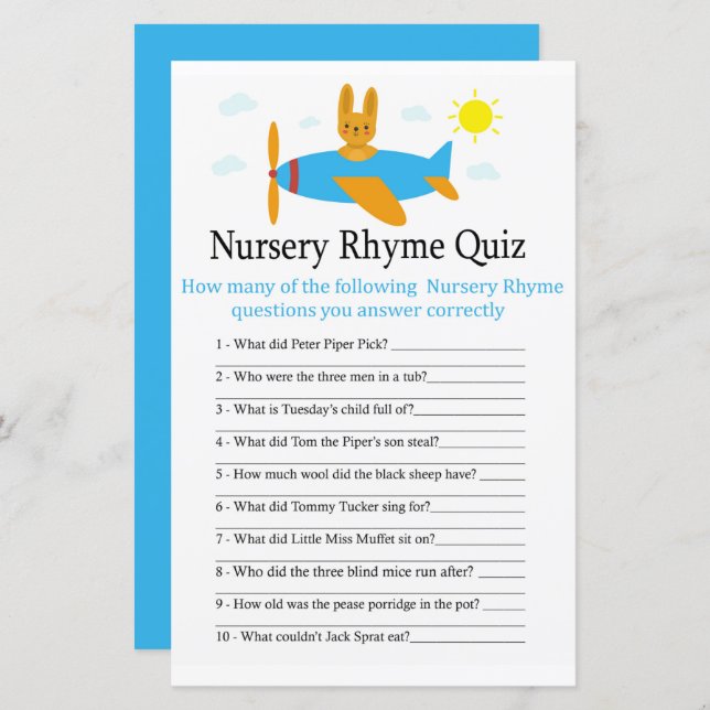 Toy aircraft Nursery Rhyme Quiz baby shower game (Front/Back)