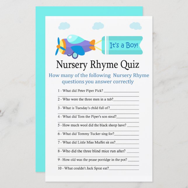 Toy Aircraft Nursery Rhyme Quiz baby shower game (Front/Back)