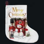 Toy British Soldier Bearskin hat and Snowman Large Christmas Stocking<br><div class="desc">Toy British soldier in a bearskin hat with a cheery snowman and a Merry Christmas greeting in gold text</div>
