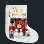 Toy British Soldier Bearskin hat and Snowman Large Christmas Stocking<br><div class="desc">Toy British soldier in a bearskin hat with a cheery snowman and a Merry Christmas greeting in gold text</div>