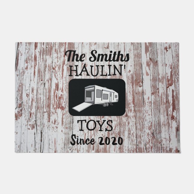Toy Hauler Doormat with Barnwood Background (Front)