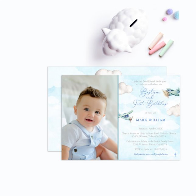 Toy Plane 1st Birthday Baptism Party Photo Invitation (Creator Uploaded)
