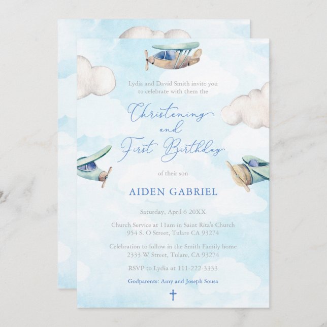 Toy Plane Boy Christening 1st Birthday Party Invitation (Front/Back)