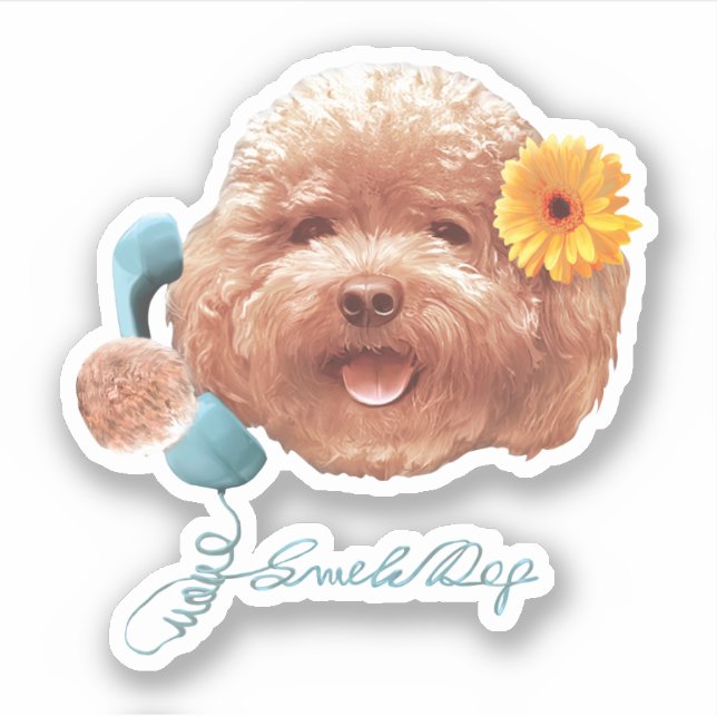 Toy Poodle with Flower and Phone Illustration (Front)