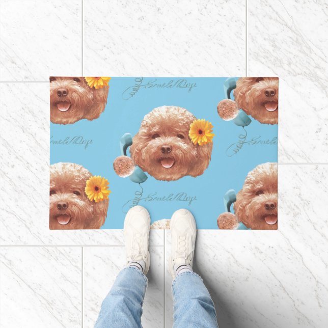 Toy Poodle with Flower and Phone Illustration Doormat (Indoor)