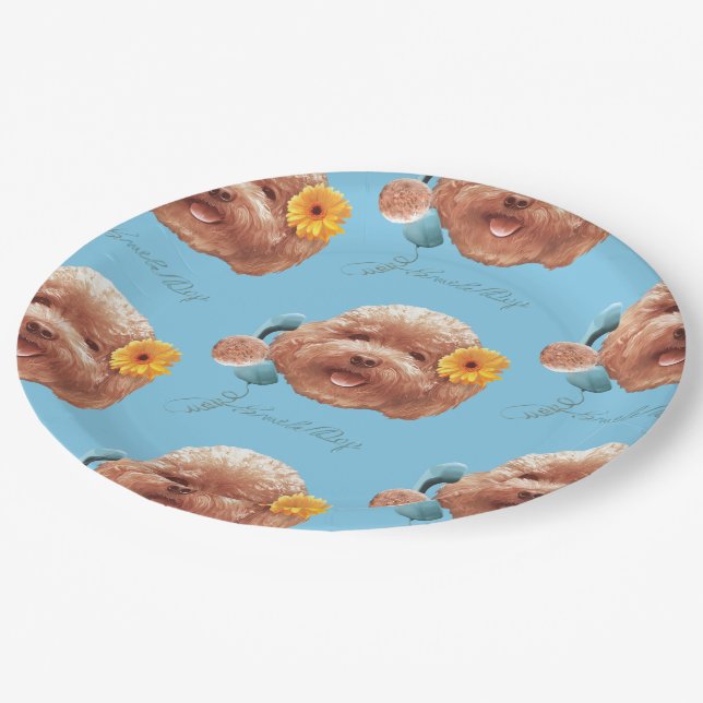 Toy Poodle with Flower and Phone Illustration Paper Plate (Angled)
