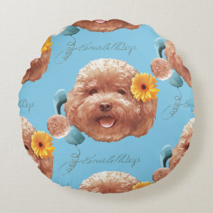 Toy Poodle with Flower and Phone Illustration Round Cushion