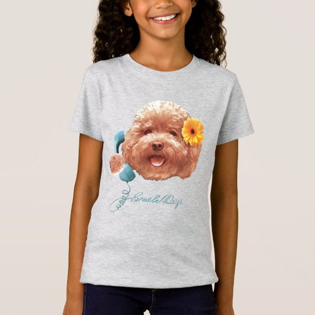 Toy Poodle with Flower and Phone Illustration T-Shirt (Front)