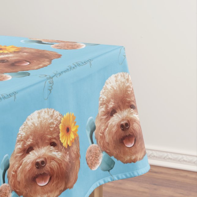 Toy Poodle with Flower and Phone Illustration Tablecloth (In Situ)