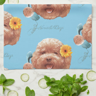 Toy Poodle with Flower and Phone Illustration Tea Towel