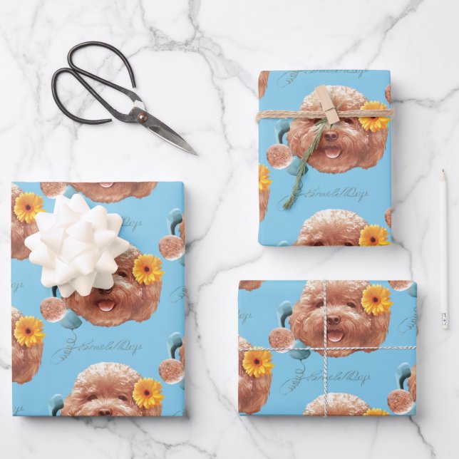 Toy Poodle with Flower and Phone Illustration Wrapping Paper Sheet (Front)
