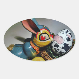 Toy Rabbit and  cow egg Oval Sticker