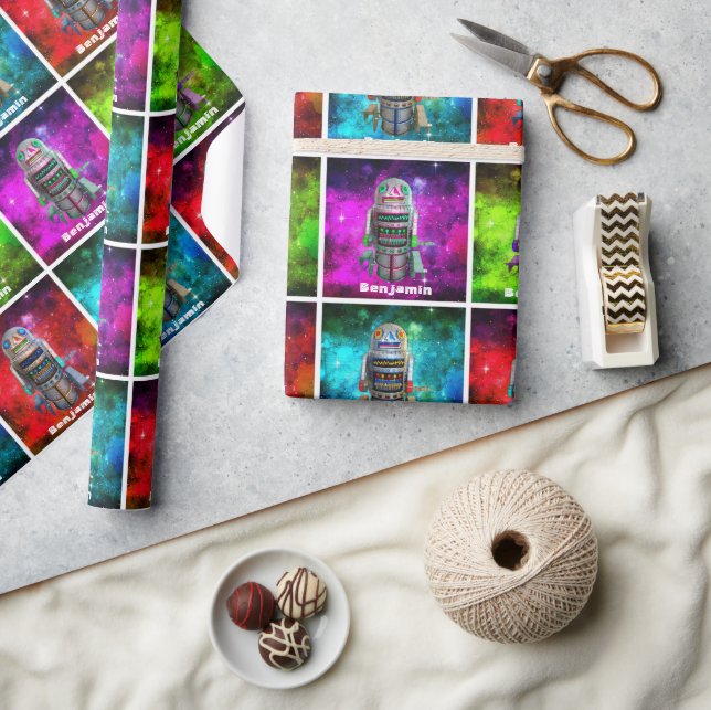 Toy robot colourful sci fi galaxy custom name retr wrapping paper (Crafts)