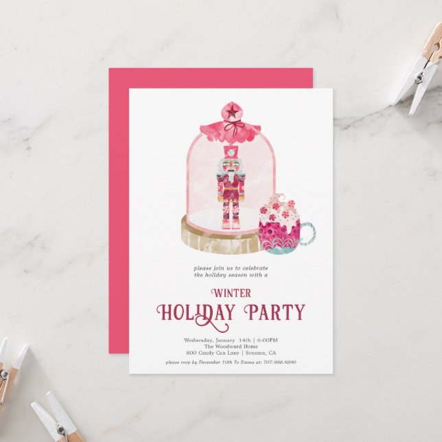 Toy Soldier Watercolor Winter Holiday Season Party Invitation (Front/Back In Situ)