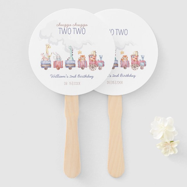 Toy Train All Aboard Birthday invite, Zoo Animals Hand Fan (Front and Back)