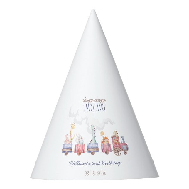 Toy Train All Aboard Birthday invite, Zoo Animals Party Hat (Front)