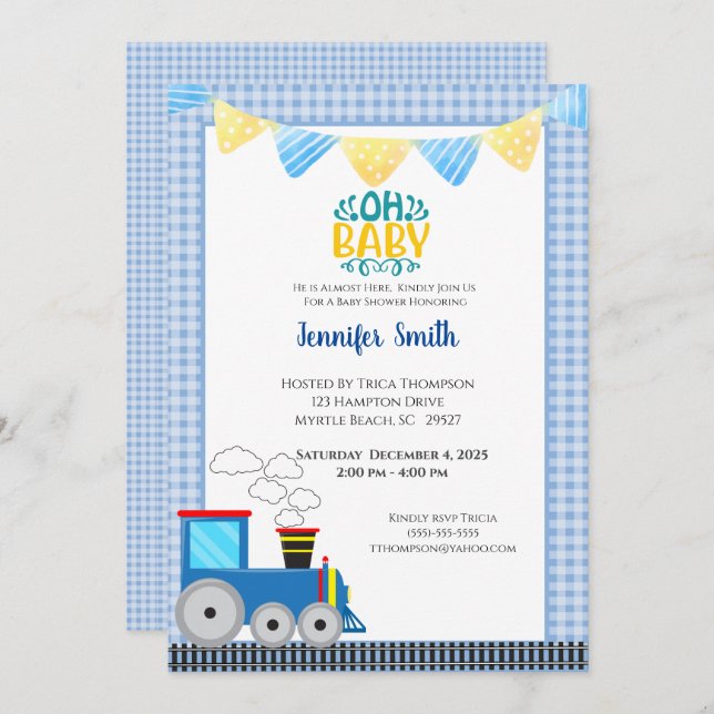 Toy Train Boys Blue Baby Shower Invitation (Front/Back)