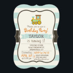 Toy Train; Brown, Orange, Yellow, Teal, Blue Invitation<br><div class="desc">Cool, retro, colourful kid's Toy Train; Brown, Orange, Yellow, Teal, Blue design on white stripes, striped pattern with vintage feel. Perfect gift for baby, toddler, kids, children, teens, or adults! Personalised the design by adding a child's name or custom text. Visit our store, Birthday Party House, for more great customisable...</div>
