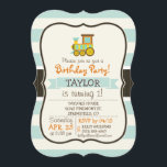 Toy Train; Brown, Orange, Yellow, Teal, Blue Invitation<br><div class="desc">Cool, retro, colourful kid's Toy Train; Brown, Orange, Yellow, Teal, Blue design on white stripes, striped pattern with vintage feel. Perfect gift for baby, toddler, kids, children, teens, or adults! Personalised the design by adding a child's name or custom text. Visit our store, Birthday Party House, for more great customisable...</div>