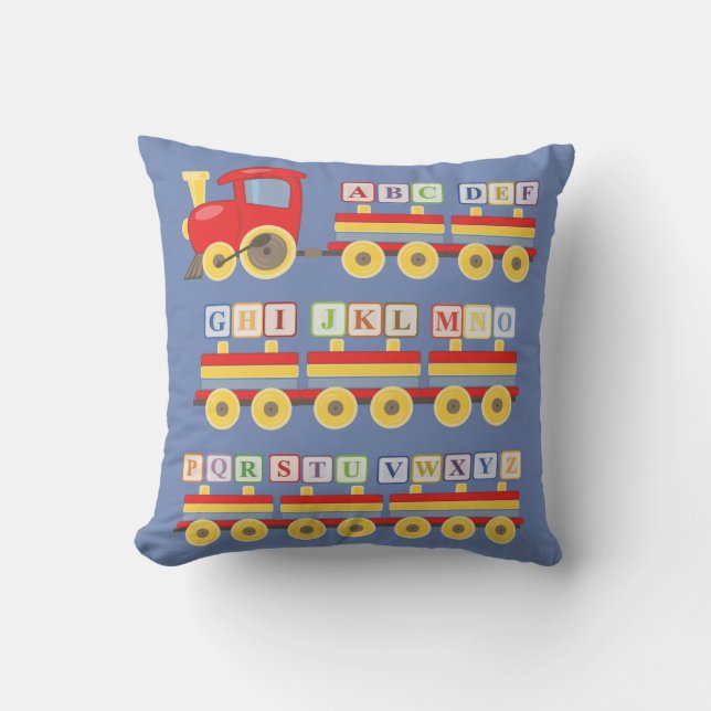 Toy Train Carrying Alphabet Blocks Blue Cushion (Front)