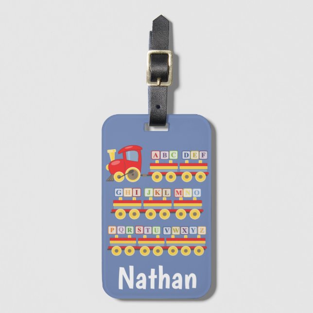 Toy Train Carrying Alphabet Blocks Personalised Luggage Tag (Front Vertical)