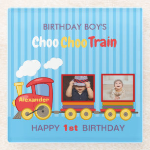 Toy Train Toddler Boy Birthday Blue Glass Coaster