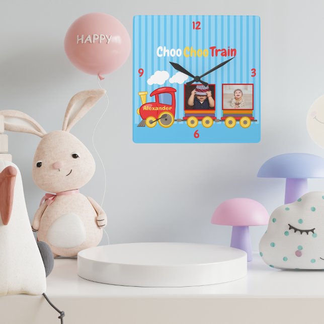 Toy Train Toddler Boys Birthday Blue Square Wall Clock (Creator Uploaded)