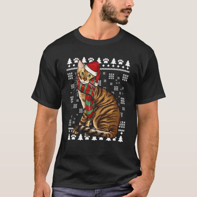 Toyger Cat Santa Hat Xmas Ugly Christmas T-Shirt (Front)