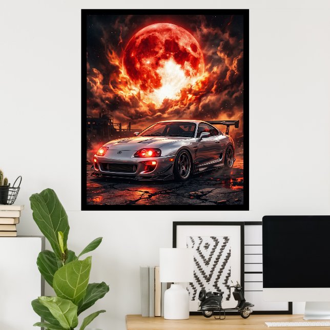 Toyota Supra MK4 Under a Crimson Moon Poster (Home Office)