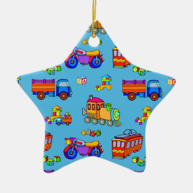 Toys - Red Trucks & Orange Trains Ceramic Tree Decoration (Front)