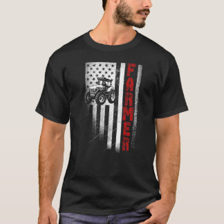 Tractor American Flag Farming Vintage Patriotic Fa T-Shirt