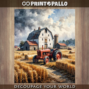 Tractor and barn in rural landscape tissue paper