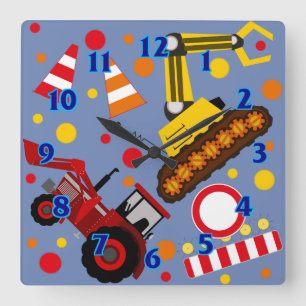 Tractor and bulldozer polka dot boy kids room square wall clock
