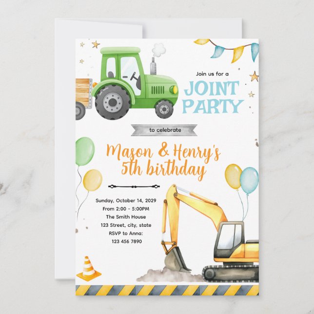 Tractor and Construction Party Invitation (Front)