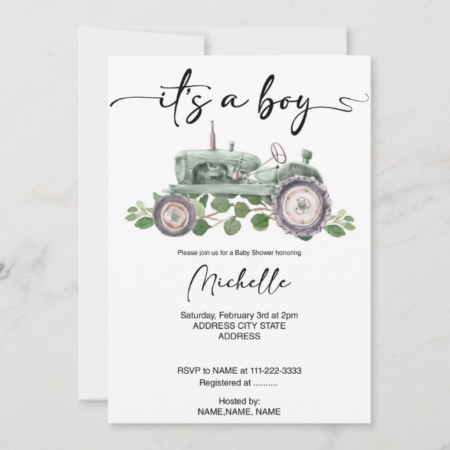 tractor baby boy shower invitation (Front)