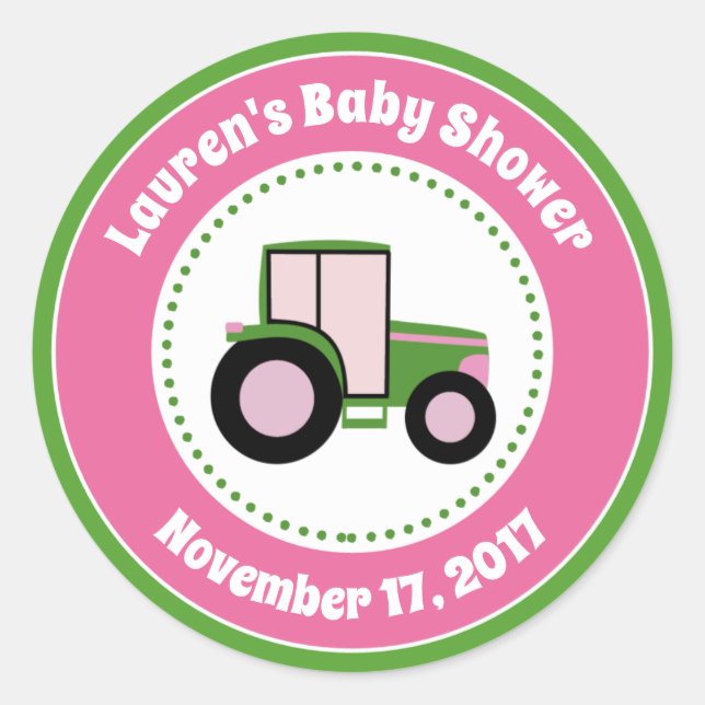 Tractor Baby Shower Favour Stickers Pink Girl (Front)