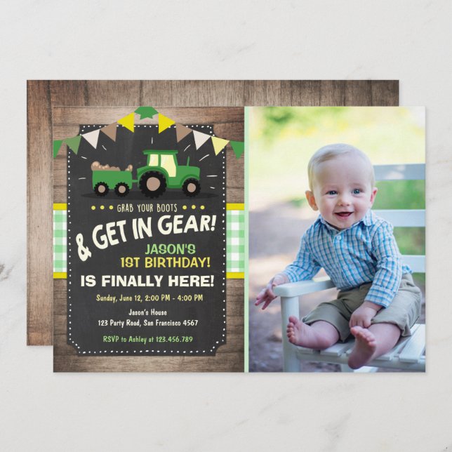 Tractor birthday invitation Farm party Boy Green (Front/Back)
