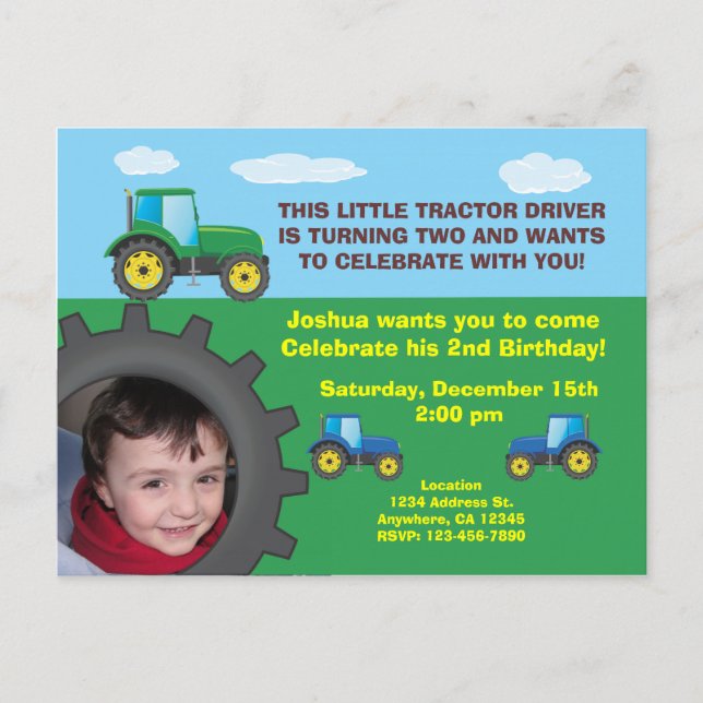 Tractor Birthday Party Invitation Postcard (Front)