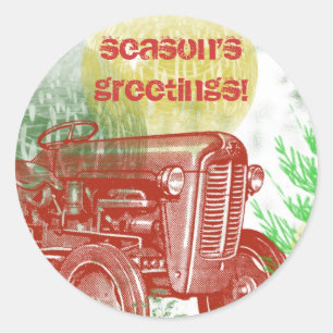 Tractor Christmas Envelope Seal: Retro Style Classic Round Sticker
