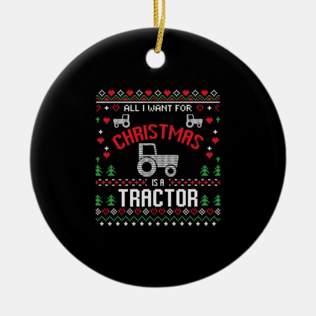 Tractor Christmas Farmer Ceramic Tree Decoration (Front)