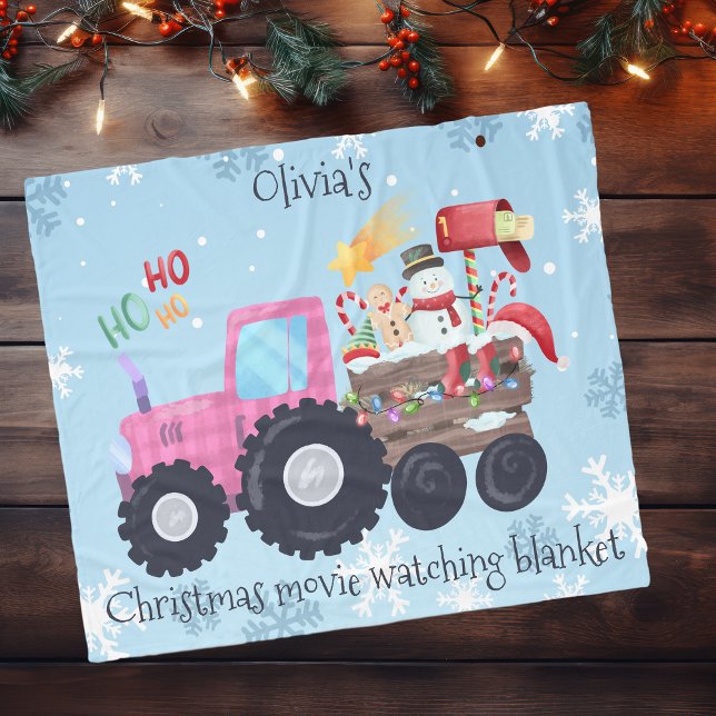 Tractor Christmas Movie Watching Pink Fleece Blanket (Creator Uploaded)