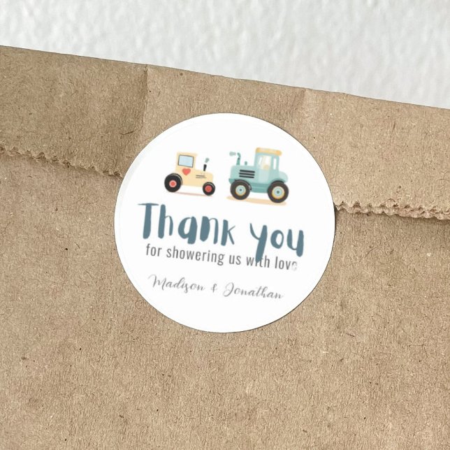 Tractor driver farm boy baby shower thank you  classic round sticker (Creator Uploaded)