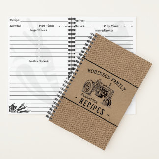 Tractor Family Farmhouse Burlap Kraft Mini Recipe Notebook