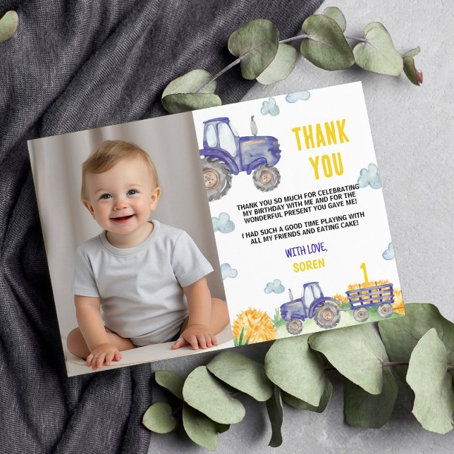 Tractor Farm Birthday Party Photo Thank You Card (Creator Uploaded)
