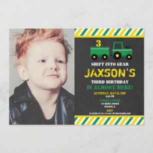 Tractor green and yellow boy birthday photo invitation