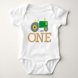 Tractor Green Yellow Wood 1st First Birthday Baby Bodysuit
