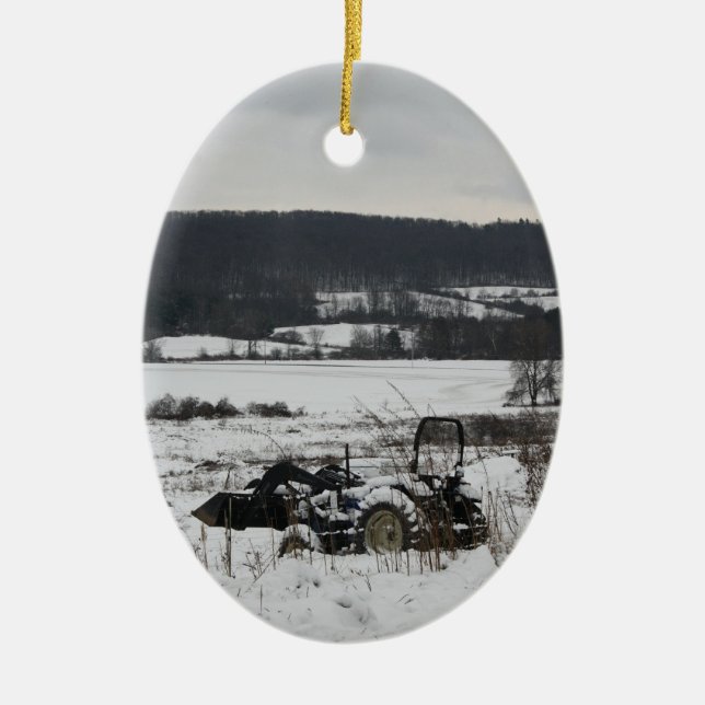 Tractor in Snow Ceramic Tree Decoration (Front)