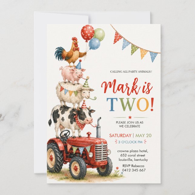 Tractor & Party Animals Kids Birthday Invitation (Front)