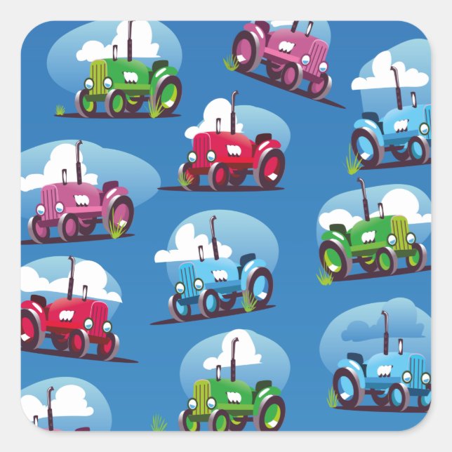 Tractor Pattern (Blue Background) Square Sticker (Front)