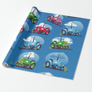 Tractor Pattern (Blue Background) Wrapping Paper